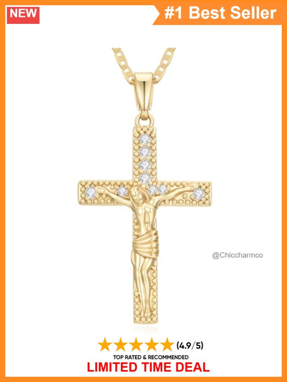 14K Gold Plated Crucifix Cross Necklace Zircon Jesus Pendant Chain Religious